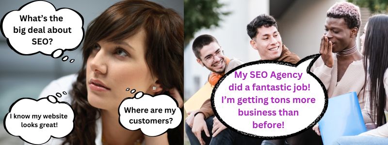 female thinking about seo for businesses and group discussing how business has improved with SEO