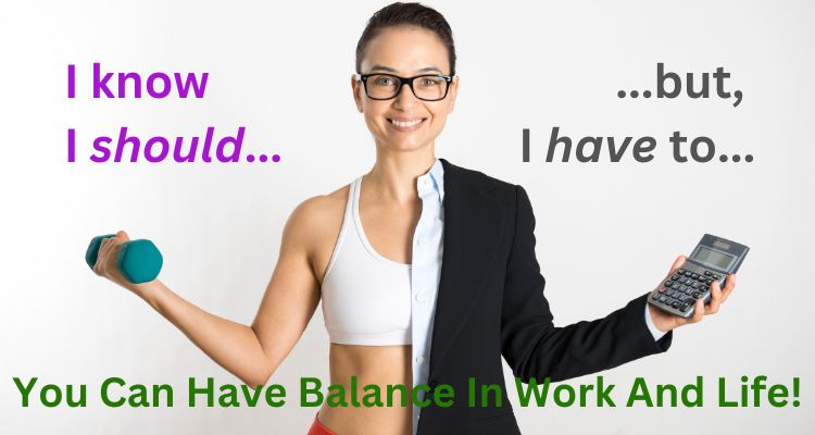 Woman with vertical divide in clothing types - left is workout wear, right is business wear, symbolizing work-life balance 